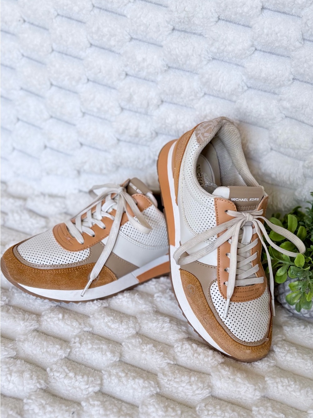 Michael Kors Women's Cream and Tan Leather Perforated Lace-Up Sneakers - Picture 7 of 7